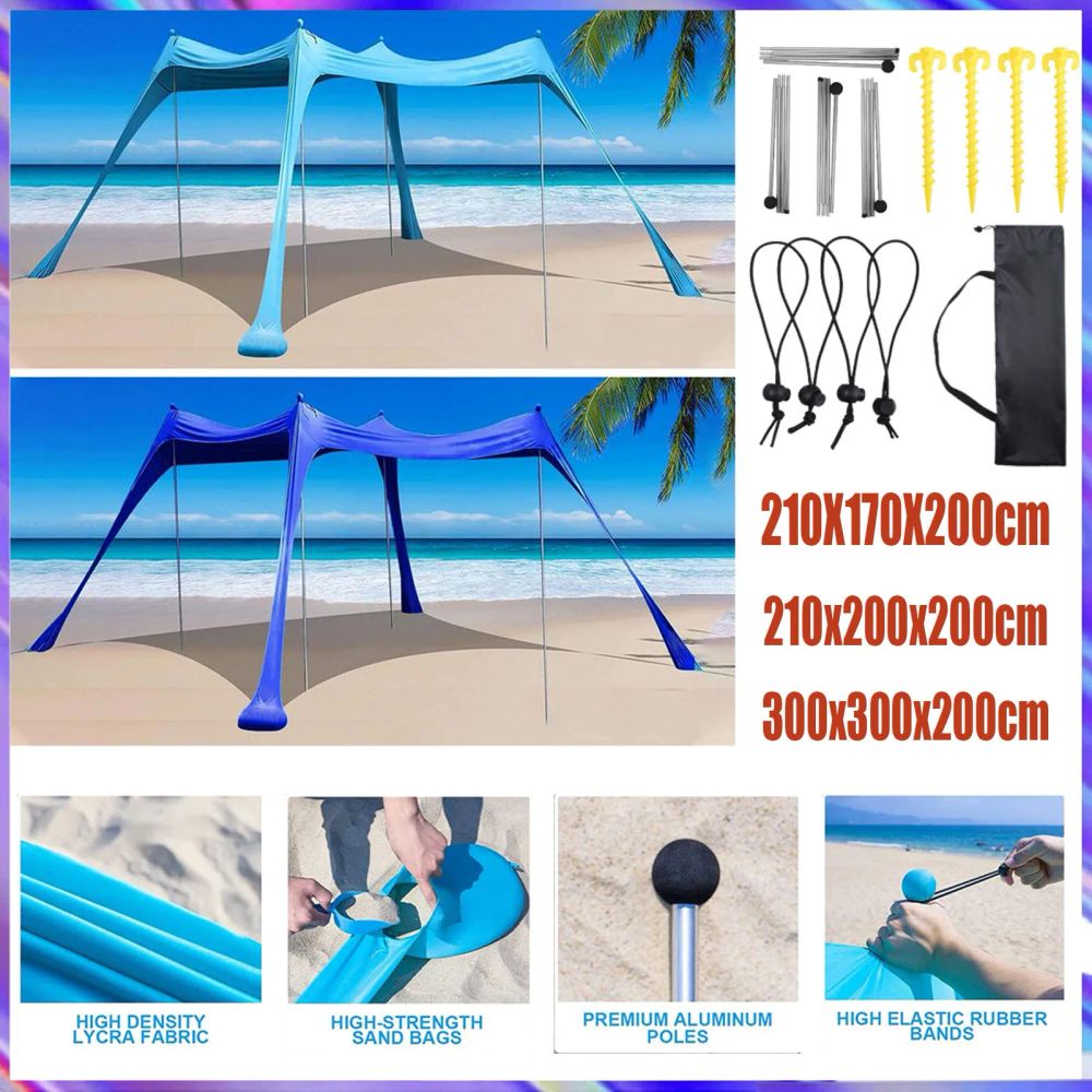 Large Family Beach Canopy Awning Tent Sunshade Beach Tent With Poles UPF50 Outdoor Beach Umbrella Parasol Camping Shade Membrane