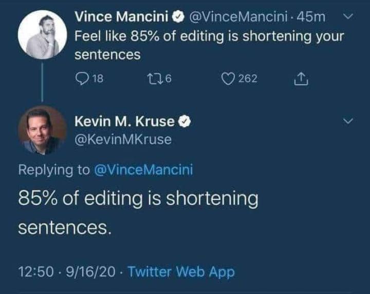 Two Twitter posts discussing the percentage of editing time spent shortening sentences.