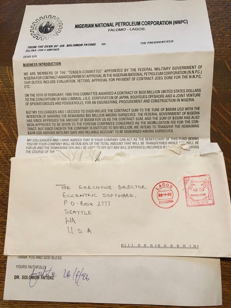 A photo of an old fashioned Nigerian Prince scam letter, circa 1996, postmarked Lagos, Nigeria.