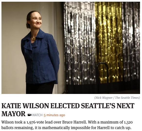 Screen shot of Seattle Times home page: KATIE WILSON ELECTED SEATTLE'S NEXT MAYOR  Wilson took a 1,976-vote lead over Bruce Harrell. With a maximum of 1,320
ballots remaining, it is mathematically impossible for Harrell to catch up.
