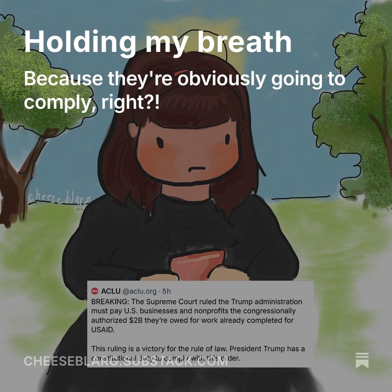 A visual link for an illustrated commentary titled "Holding my breath: Because they're obviously going to comply, right?!"
Background illustration- A crudely drawn white woman is sitting in a park mid-day. Her face is turning red, her cheeks puffed, as she looks at her phone, which features a tweet from the UCLA reading: BREAKING: The Supreme Court ruled the Trump administration must pay U.S. businesses and nonprofits the congressionally authorized $2B they’re owed for work already completed for USAID.

This ruling is a victory for the rule of law. President Trump has a constitutional duty to comply with this order."