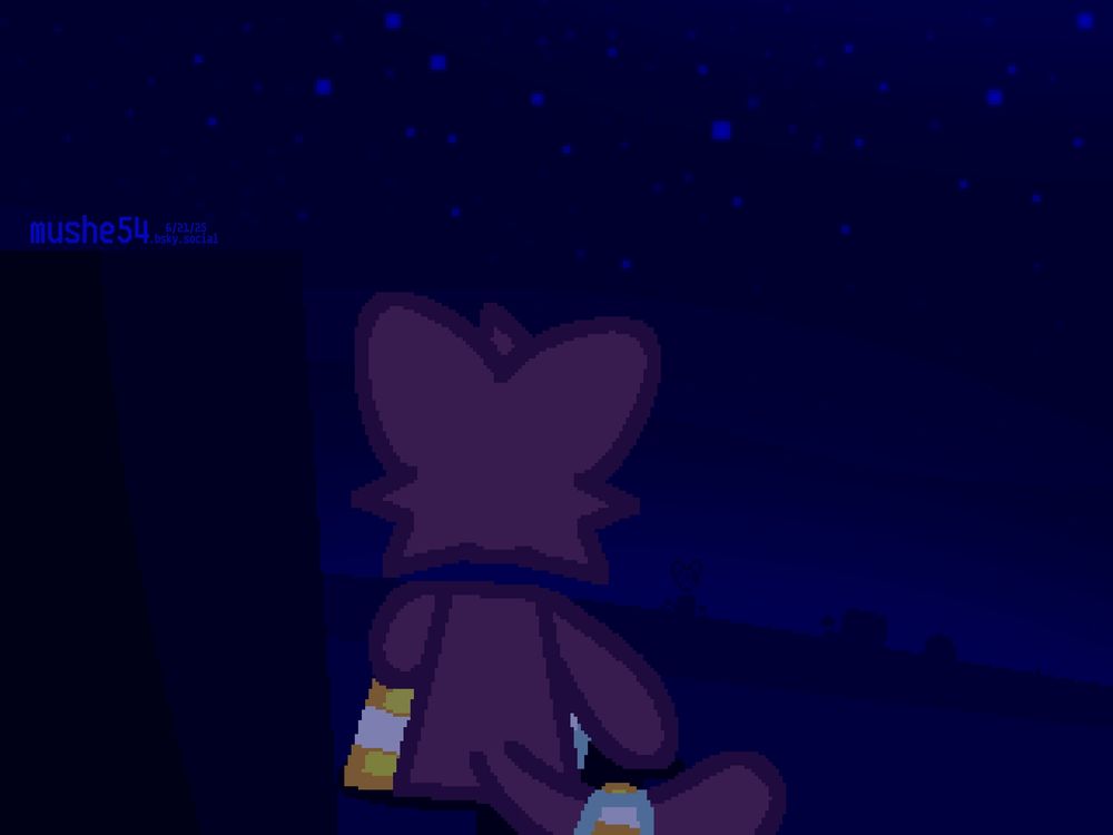 Pocky is sitting in front of some gray pillar. It's a dark blue open field world thing that I just felt like doing :p