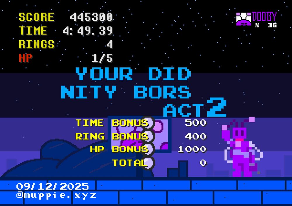 Score: 445300
Time: 4:49.39
Rings: 4
HP: 1/5

Your did Nity Bors Act 2!
Time Bonus: 500
Ring Bonus: 400
HP Bonus: 1000
Total: 0

1px Droobert (by my classmate :3) doing a victory pose!

There is also a Sonic Life icon for Droobert on the top right, using the Deltarune Prophecy font. It has "DOOBY", colored purple and has 36 lives. The environment is also night like with mountains and distant buildings.

Drawn on September 12, 2025