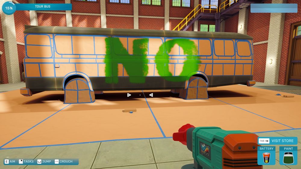 A screenshot from the game Spray Paint Simulator. A bus is prepared to be painted, but the word No has been painted on the side in green paint.