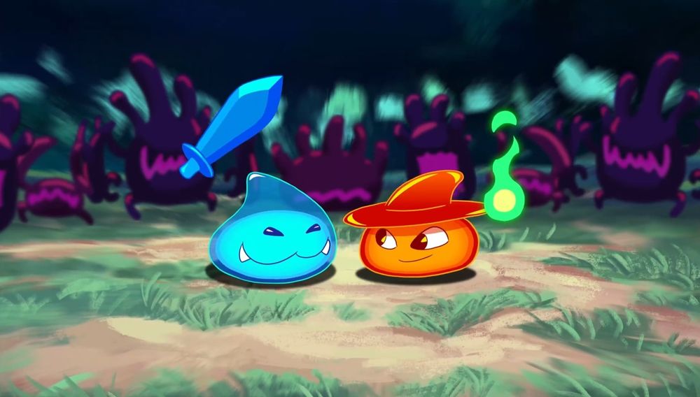 Art of the video game Slime Heroes showing two heroic slimes ready to jump into battle!