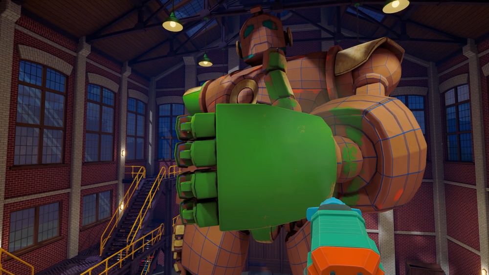 In this screenshot from the game Spray Paint Simulator, a giant robot is giving a thumbs up. The hand is in the forefront and painted green. 