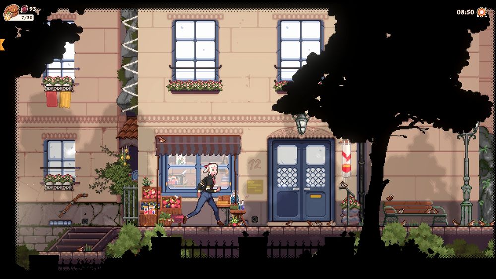 A screenshot from the game Magical Delicacy featuring the protagonist Flora exploring the streets of Grat. 