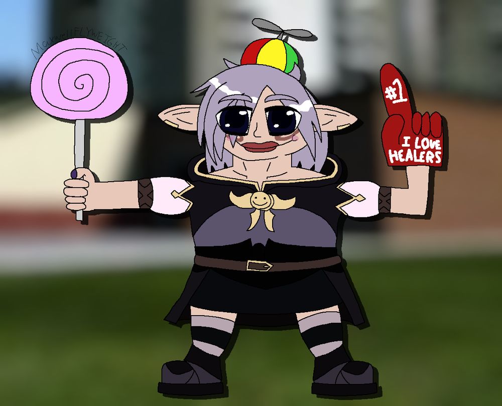 An elezen from ff14 looking very silly. They have an innocent face, a colorful propeller cap, a giant pink lollipop and a foam finger that says '#1 i love healers.' they are standing in gm_construct.