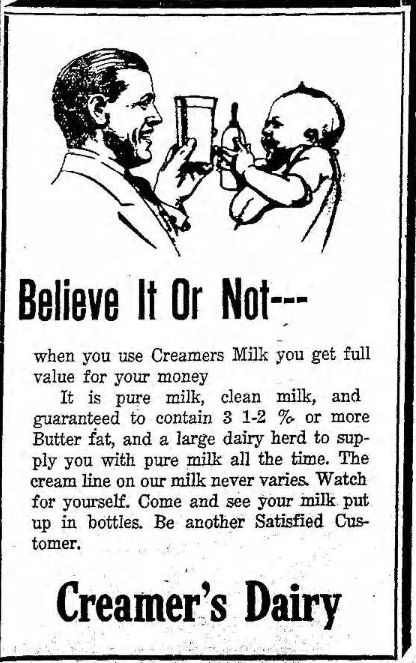 The man of the house, presumably holding a glass of whole milk, facing a baby holding a baby bottle.  Both are smiling - that milk must be good!  But spending time with each other is a joy in of itself.
We used to be able to get milk locally.  Later further away from other dairies in Alaska and now mostly far far away.   We used to get milk from Fowler's Dairy, near Delta Junction, in the 60s, into the 70s.
Alaska Range Dairy in Delta Junction is a dairy in Alaska.