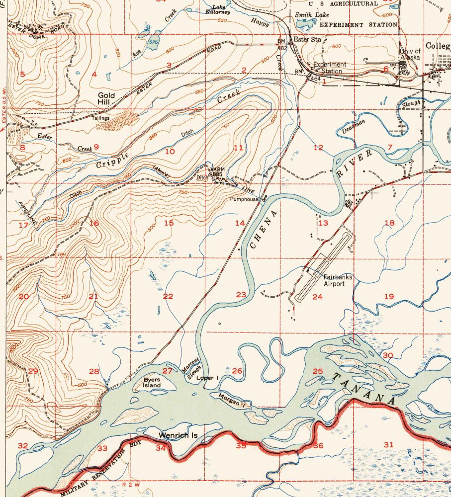The section lines are marked with the section numbers in red.  Each section is one mile square/640 acres. 
College is in the upper right with the University to the east.
The railroad comes from Fairbanks to the right and exits toward Nenana to the center North.  Ester Road doesn't get called the Nenana Highway because the road doesn't reach Nenana for several years.  

The Tanana River is across the lower portion of the map with the Ladd Air Force Bombing Range to the south.  
The Chena River enters the map from the east (right) side about 3/4 of the way up and wiggles its way down to the Tanana in the lower center of the map.
You can see the airport, new at that time, on the southeast side of the Chena with very little development around it.

Chena Ridge is the elevated land 'pointing' at the Experiment Station and running to the southwest, off the map, and then back on in the lower left corner, down to the Tanana.  The dashed line is the unimproved Chena Ridge Road.
Cripple Creek is the wiggly blue line to the north of Chena Ridge.  You can follow it around the northeast end of Chena Ridge then running south to the Chena River at the pumphouse.
Most of Chena Ridge Road in 2024 follows the road shown here.  The northeastern end is an exception.
When the USGC established the lots/tracts in sections parts of sections 12, 13, and 14, Chena Small Tracts Rd, between section 12 and 13, on the west side of the Chena River and Pikes Landing Rd on the east side were built.  The east end of Chena Ridge Road was then moved down to meet Chena Small Tracts Rd.
Note that Chena Ridge, on the east end, takes a winding path up the hill, giving access to the starting ends of the two ditches and then goes north of the little prominence in sections 10/11.
The road was rebuilt south of that in the 50s.
The 60s upgrade had the road go back to the north then upper section 12.  
Chena Pump was built away from the Tanana and the north end has seen multiple changes with other roads added.
