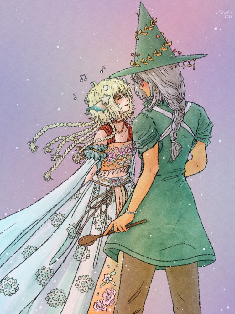 Manga-like illustration of two characters over a dreamy lavender/pinkish background. The taller character, who is turned so that their back mostly faces the viewer, has a long silvery braid, tan skin, pink sunglasses, and wears a green cloak + matching green witch hat adorned with gold leaves and mushrooms. Their sleeves are tied up by white cloth in a manner akin to traditional kimono ties, and they hold a wooden spoon. The taller character appears to be taken aback and blushing while approached by a smaller, pale femme character with fins in place of ears and short blonde hair atop many braids ("jellyfish hairstyle"), adorned with two small white horns and a starfish. The smaller character is dressed in a very ornate, seafoam green dress + orange crop top with floral designs, jewelry, and long sleeves fluttering out behind them along with their braids to indicate movement as they lean towards the taller character. Their hands are clasped behind their back and they appear to be laughing + blushing (or is that just makeup?).