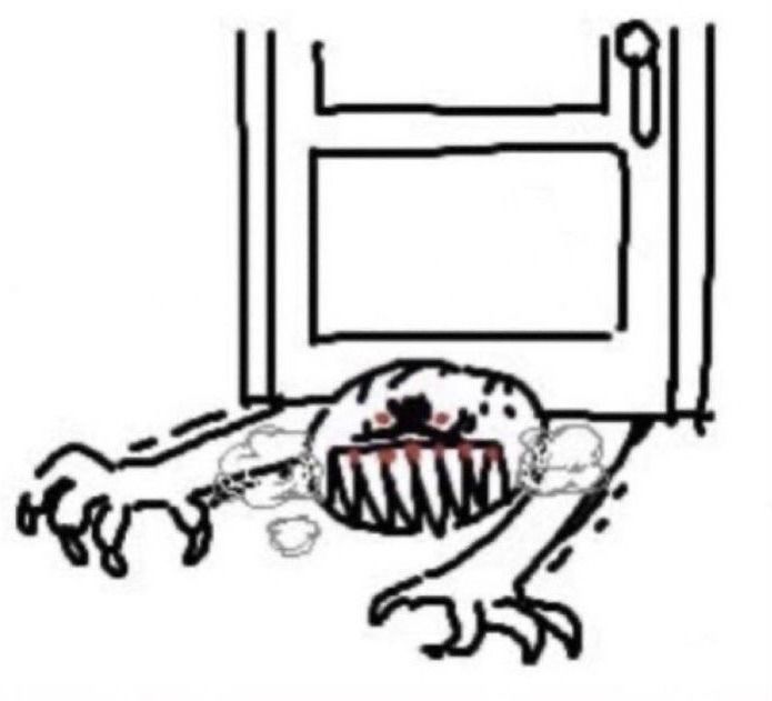 mspaint reaction image of a feral person crawling under a closed door, with red eyes, sharp teeth and hiperventilating