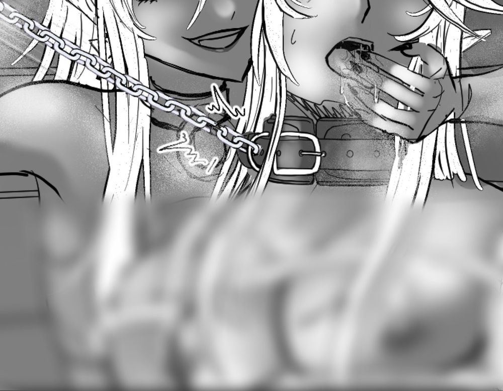 a crop from a bdsm illustration of two men. what isn’t blurred shows one with his fingers entering the other man’s mouth. the other man is wearing a collar attached to a chain that is being pulled taught