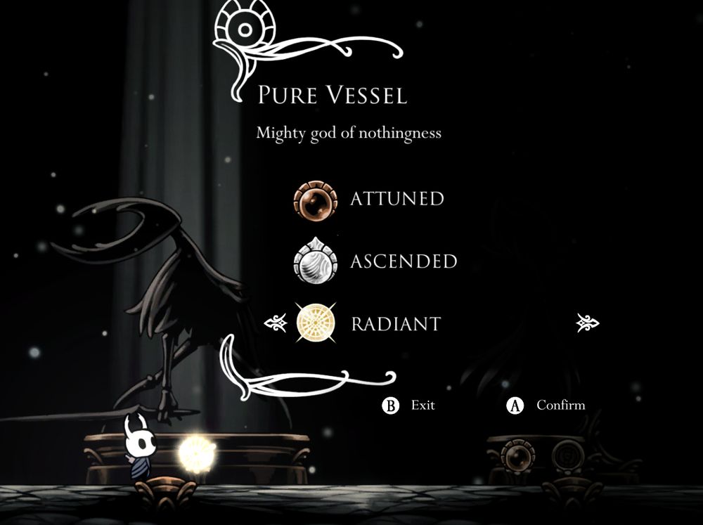 Hollow Knight screenshot in Godhome. Pure Vessel has been cleared on all difficulties. 