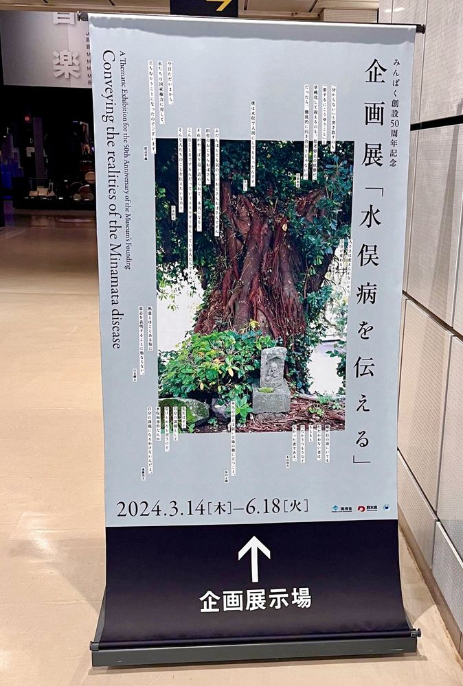 企画展「水俣病を伝える」
水俣病の現実を伝える
開館50周年記念企画展の入り口。

「分からない」と突き放すのも「要するにこうゆうこと」と単純化して捉えるのも、思考停止の状態だ。だったら徹底的に向き合おうじゃないの。小泉初恵

人様は変えられないから自分が変わる。杉本栄子

僕は水俣で人間にしてもらったんです。茶川仁

ふだんはとても気のいいおじさんおばさんですね。
田舎のおじさんおばさん。
そんな人たちのことを伝えたいなあと。
それがやっぱり追い詰められて、本気になると、
こんなことまでするんだっていうエネルギーをもっていている人たちですね。
そんな人たちのことを伝えたいなあと。吉永利夫

今日ただいまから、
私たちは国家権力に対して、
立ち向かうことになったのでございます。渡辺栄蔵

敵が目の前にいても
たたかわない者は、
もともと
たたかうつもりなどなかった者である。本田啓吉

本当の中立は弱い立場の側に立つこと。原田真純

熱意とはことある毎に
意思を表明することに他ならない。川本輝夫

先生は
すぐ課題として
受け止めろと言うけど、
水俣病事件なんか
自分の課題になるわけないんだよ。遠藤邦夫

という言葉がポスターには書かれている。

2024.3.14 [木]-6.18 [火]
主催:国民族学博物館
協力:一般社団法人水俣病を語り継ぐ会、一般財団法人水俣病センター
後援:環境省、熊本県、本学市
会場:国立民族学博物館 本館企画展示場