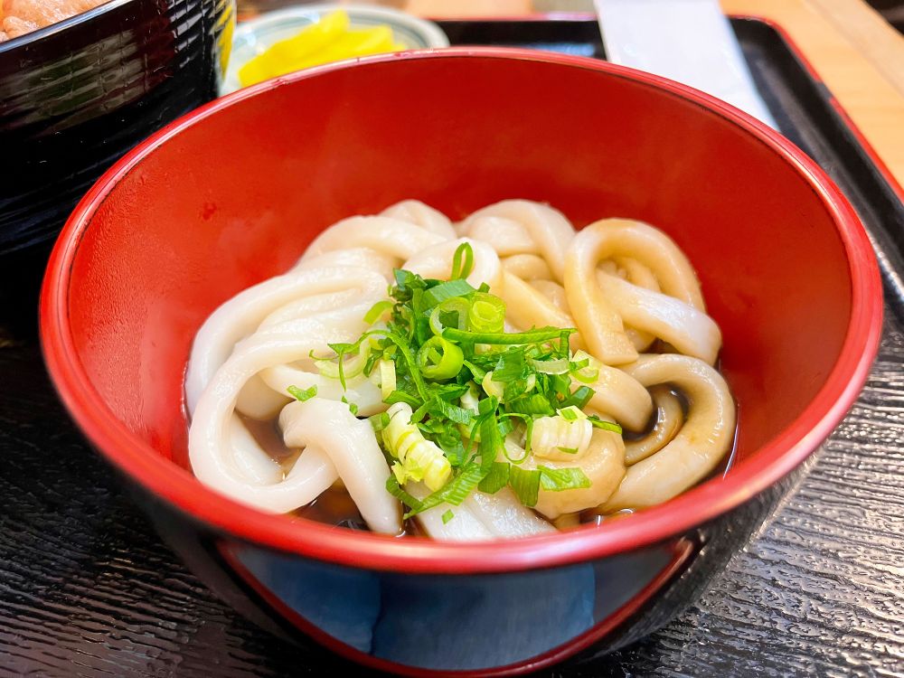 外側は黒、内側は赤色の器の中にうどんとネギが入っており、たまり醤油をベースとしたつゆがかかっている。