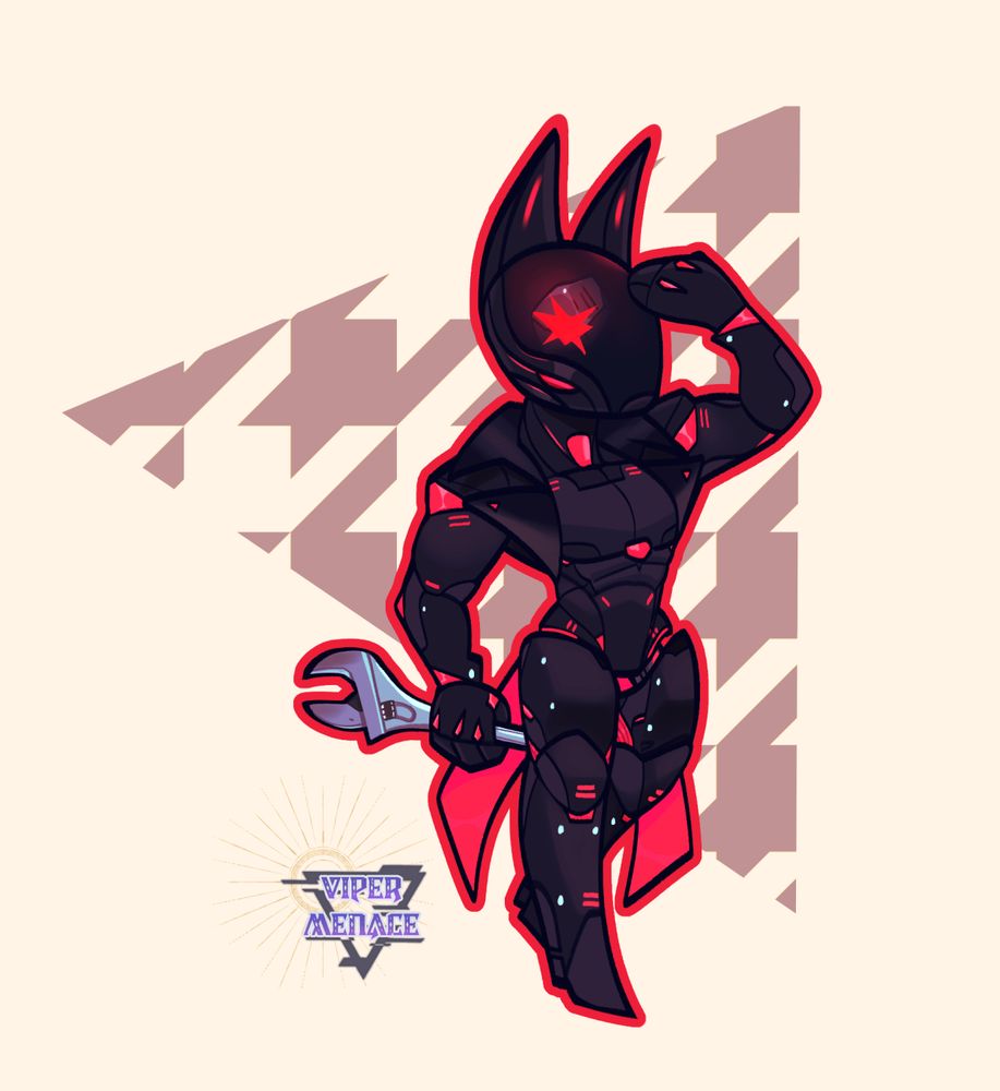 keirahn the robot stands tall while holding a wrench. His colors are red and black with some lighter greys mixed in.