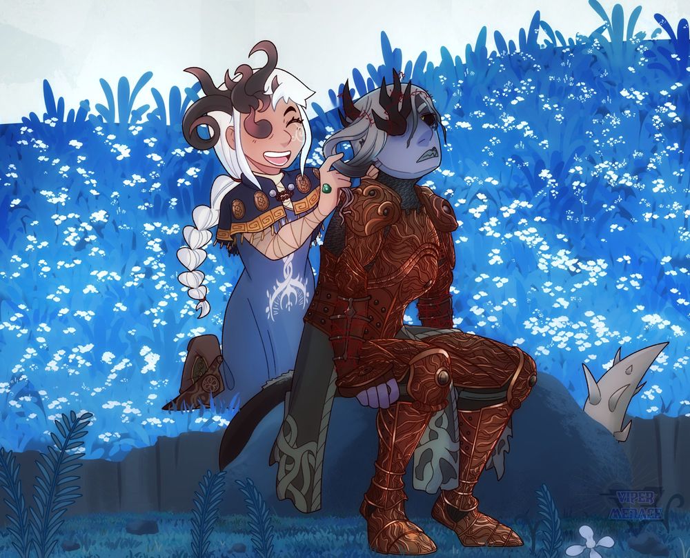 Lleucu sits on the blue grass braiding a slightly annoyed Cambria's hair. Cambria sits on a large rock and leans forward to let the young hornsent have at it. Lleucu yaps happily to the intimidating warrior clad in Crucible armor.
