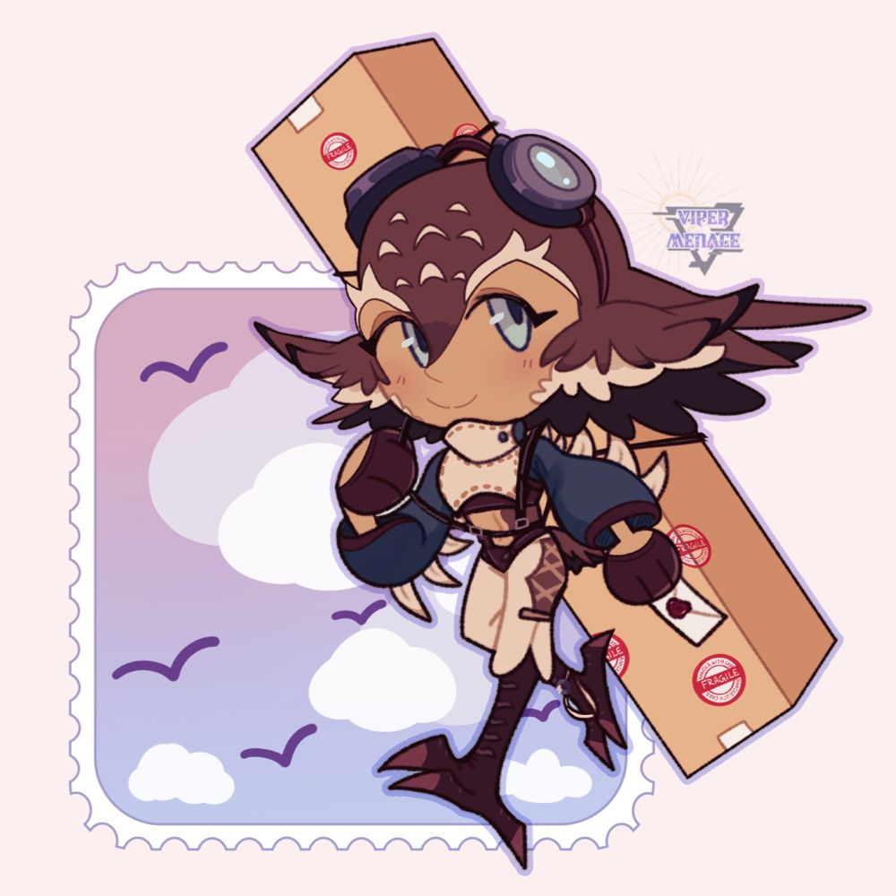 Cher Ami the harpy lass hoists up a large package on their back with several fragile stickers placed on it. The background is a little stamp with a pastel sky and simple birds flying.