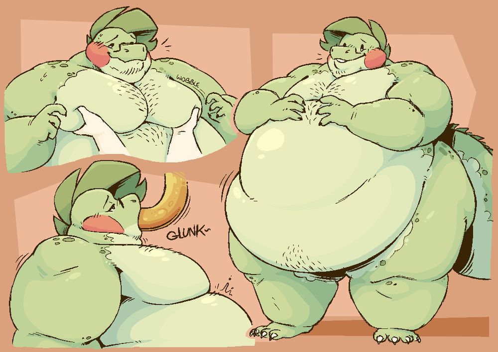 Top left: Chris, a green lizard who is currently VERY large and overweight, has someone groping his big man boobs.

Bottom left: Chris is chugging some sort of fluid from a tube...

Right: Chris's entire body. He's very large all over!