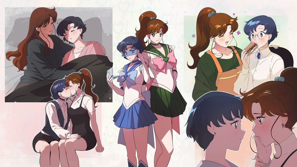 an illustration of Makoto and Ami / Sailor Jupiter and Sailor Mercury in 5 different poses, looking like sweet and tender girlfriends