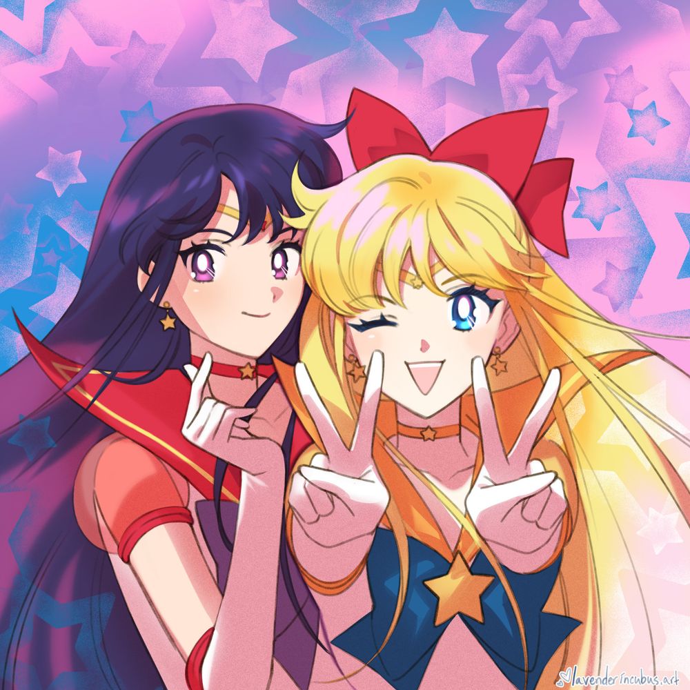 Sailor Mars and Sailor Venus striking a pose together against a starry (vaguely bi pride colored) background. Mars is making a one-hand heart sign and Venus is doing double peace signs. Their sailor uniforms are based off their appearance in the manga.
