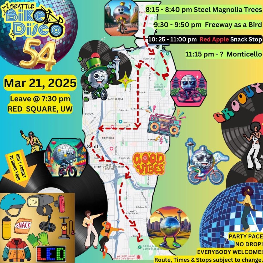 Map of route for Seattle Bike Disco ride 54 on March 21, 2025