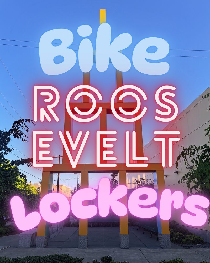 "Building Blocks" sculpture with text "Roosevelt Bike Lockers" in front
