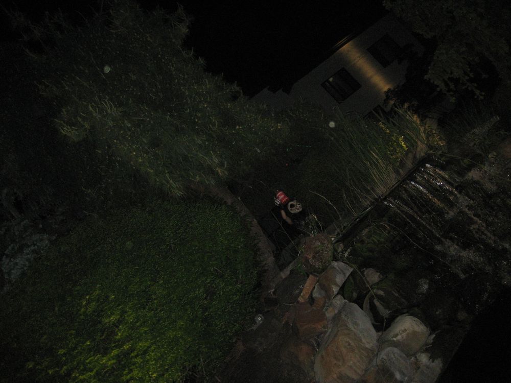 photo taken from a distance of the same suit outside at night, barely visible crouched in the dark at the top of a small waterfall; they're holding up a giant red Wawa cup above their head
