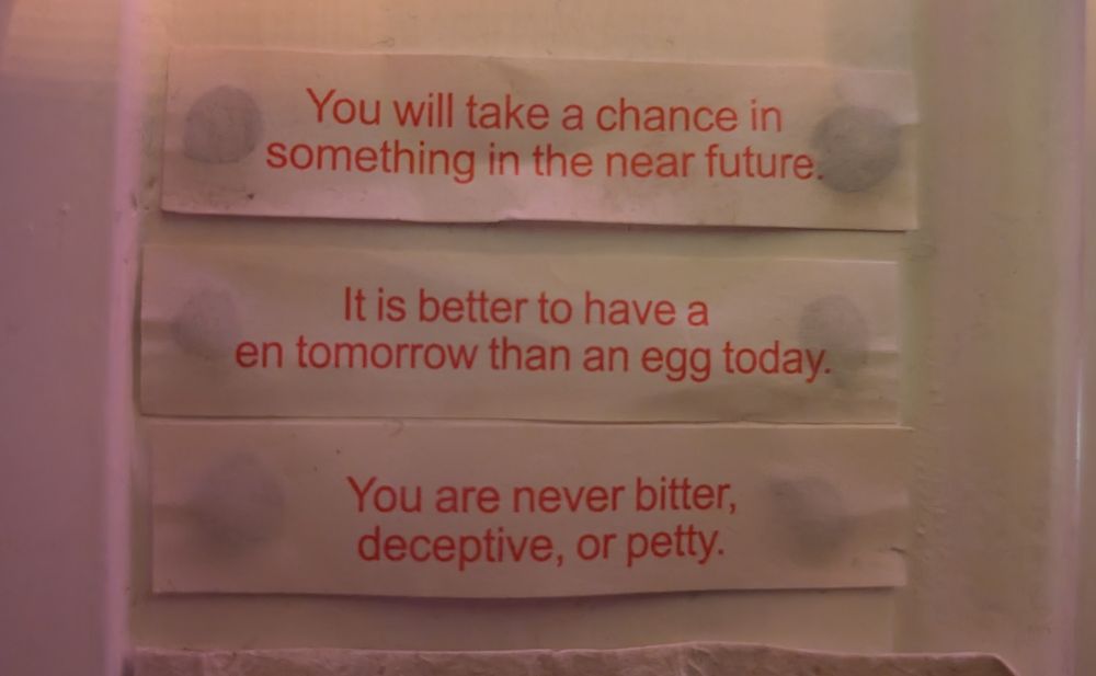 three fortune cookie fortunes;

"You will take a chance in something in the near future.

It is better to have a en tomorrow than an egg today.

You are never bitter, deceptive, or petty."