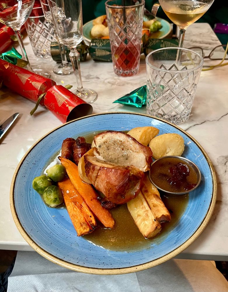 Main dish of turkey and trimmings, cracker still at the ready 