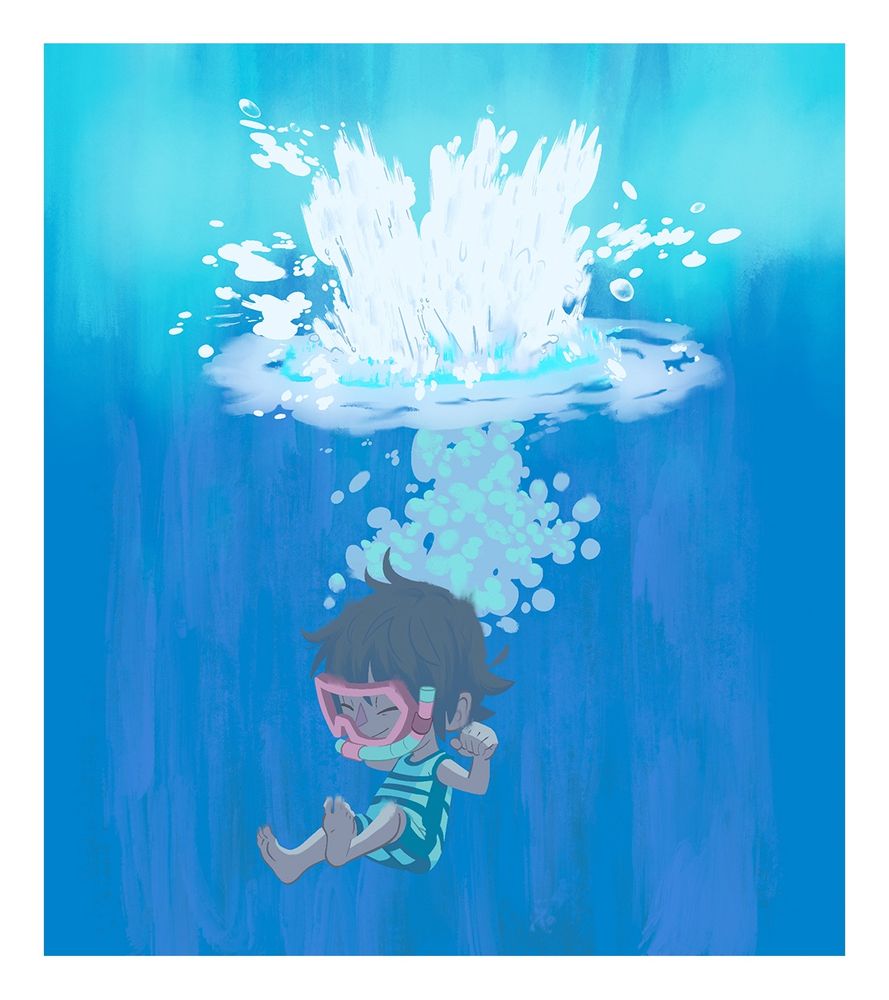 Animal Crossing: New Horizons fanart of the player character diving into the sea, making a big splash. (2020)