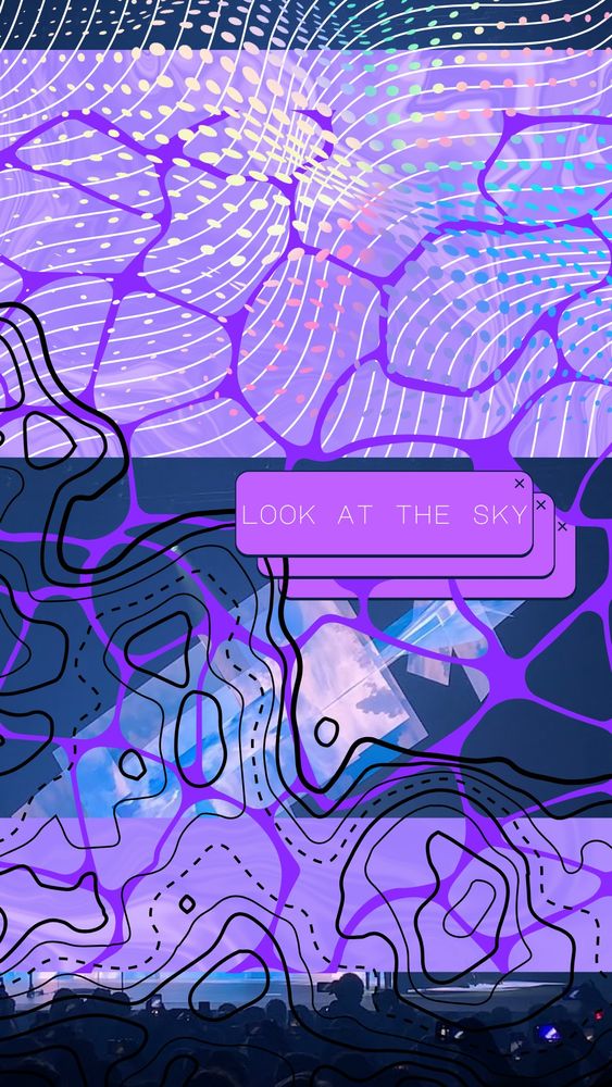 A pastel gradient wave of dots, over purple water reflection lines, over a series of flowing white lines. A block of rippling purple water toward the top and a smaller one toward the bottom. Bold black topographic map lines to the left. Three overlaid purple Windows-style windows with the top one saying "LOOK AT THE SKY" in thin white font. A Porter Robinson concert picture on the bottom layer covered by all, but showing a glowing blue geometric hologram and navy blue backdrop. A darkened concert audience at the bottom.