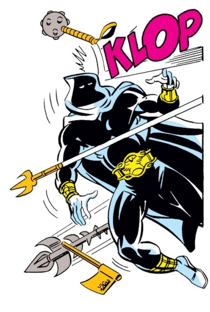 moon knight (possessed by khonsu) deliberately getting knocked out by a flying mace so that he can act freely outside the body. there's a funny KLOP sound effect heheh.