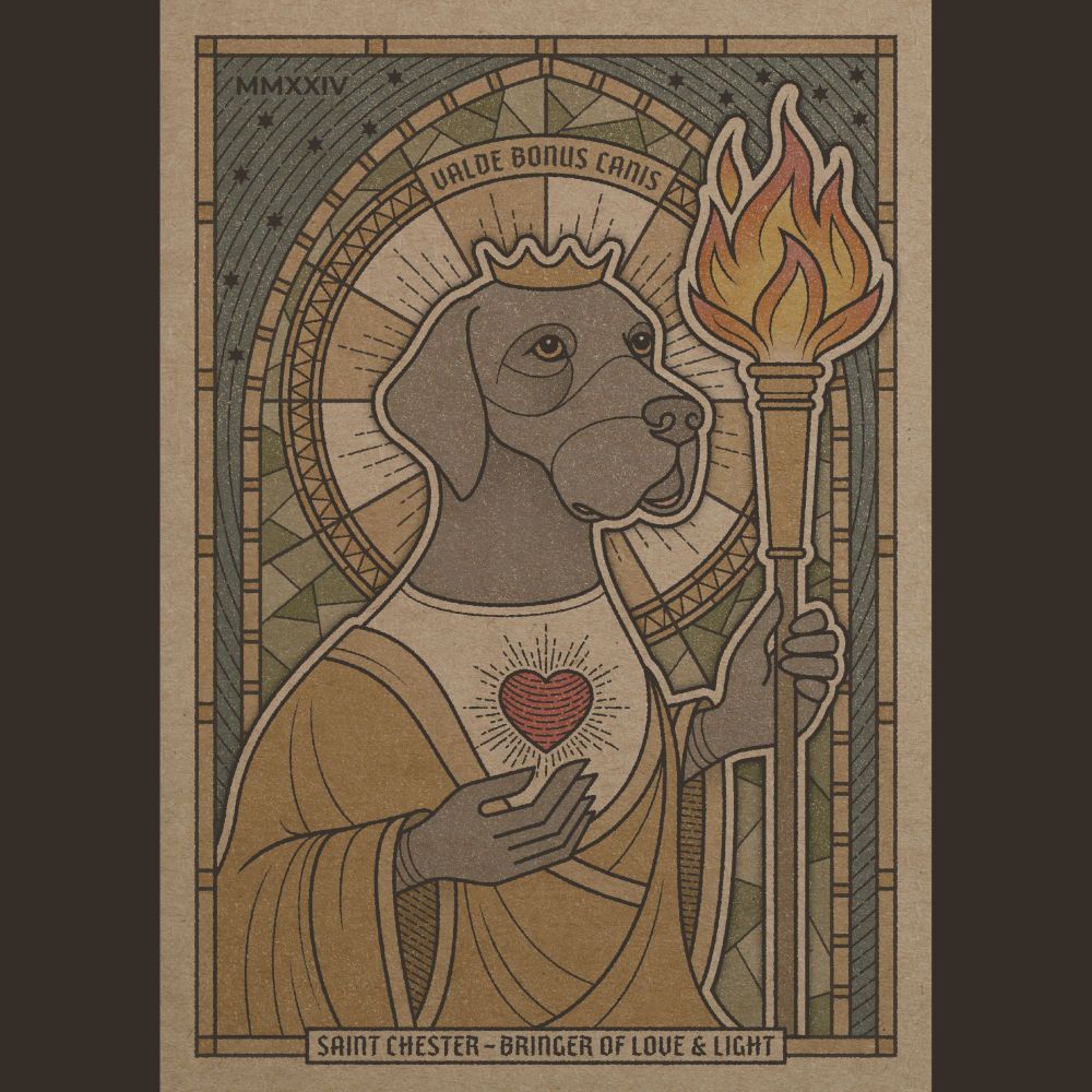 Illustration of a dog depicted as a saint, in the style of a stained glass window