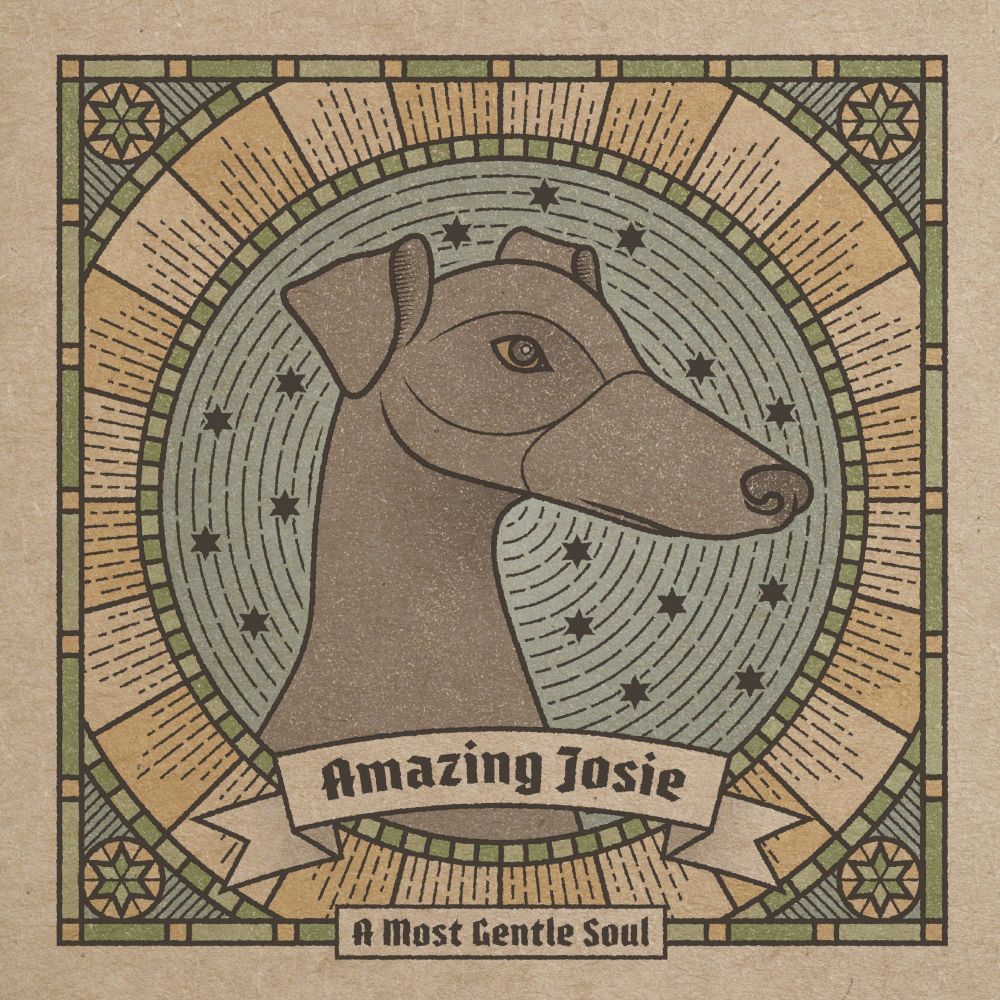 Illustration of a greyhound with the words ‘Amazing Josie’ and ‘A most gentle soul’