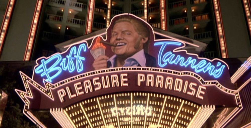 Front entrance of Biff Tannen's Pleasure Paradise museum and casino