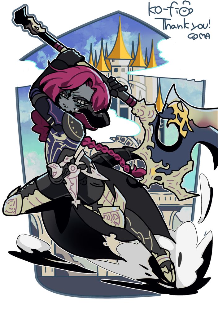FF14 original character art. An au ra with a long braid wields a giant axe with his back arched. The golden tops of Ishgard are visible in the background. 