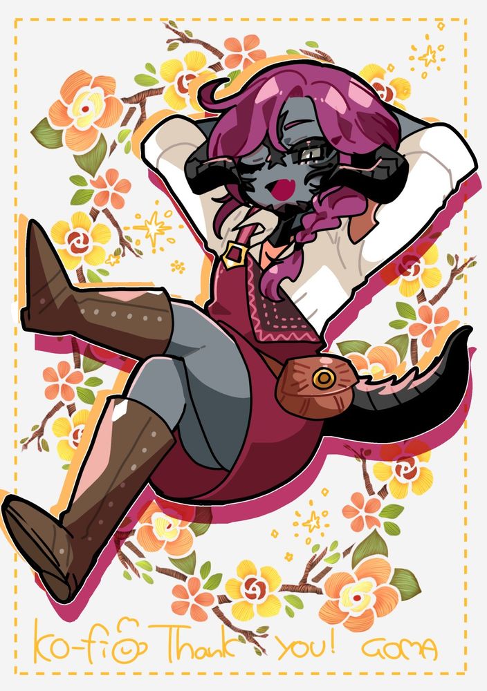 FF14 original character art. A smiling au ra reclined with his hands behind his head and his legs crossed while dressed in a red overall skirt. Orange and yellow flowers decorate the background.
