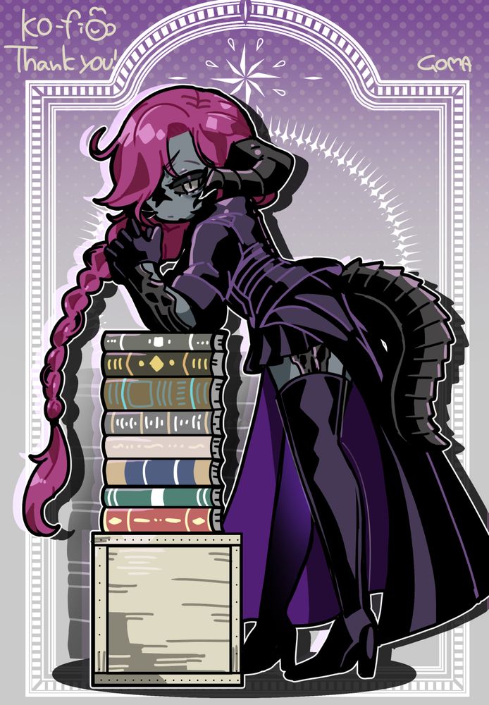 FF14 original character art. An au ra with a long braid leaning against a stack of books in a way that showcases his thigh-high heeled boots and tail. 