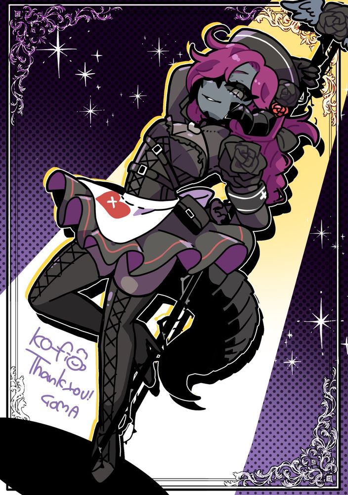 FF14 original character art. An au ra dressed in a goth nurse outfit using an IV stand with a black rose on top like a prop in pole dance. He is smirking at the viewer.