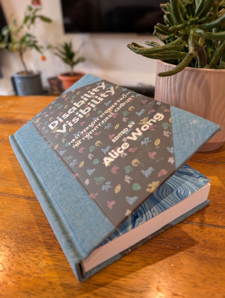 A hand-bound edition of Disability Visibility by Alice Wong lies on a wooden table, partially open to reveal its blue marbled endpaper. The custom cover features a denim blue book cloth spine with diagonal corners, and a printed paper front decorated with disability symbols in the colours of the disability pride flag. In the background, out of focus, are leafy houseplants in pots.