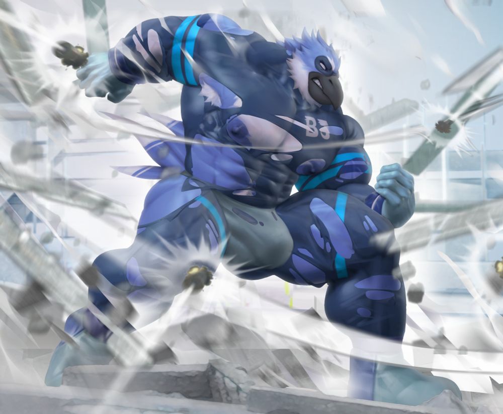 It seems even a titan like him has his limits! As the barrage of bullets picks up, BluJay finds himself overwhelmed. Thankfully they bounce off his body, but I don't think his suit can handle too much more of this...