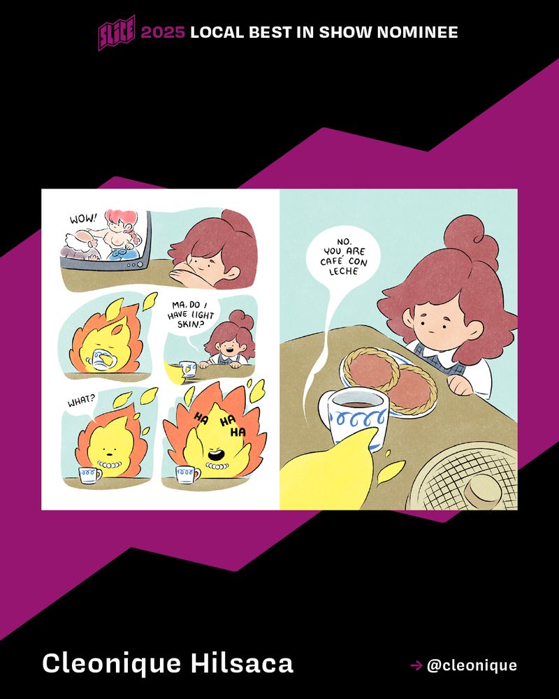 Spread from a comic where a small girl asks her mother, represented by a cartoon flame wearing a string of pearls, about her skin color.