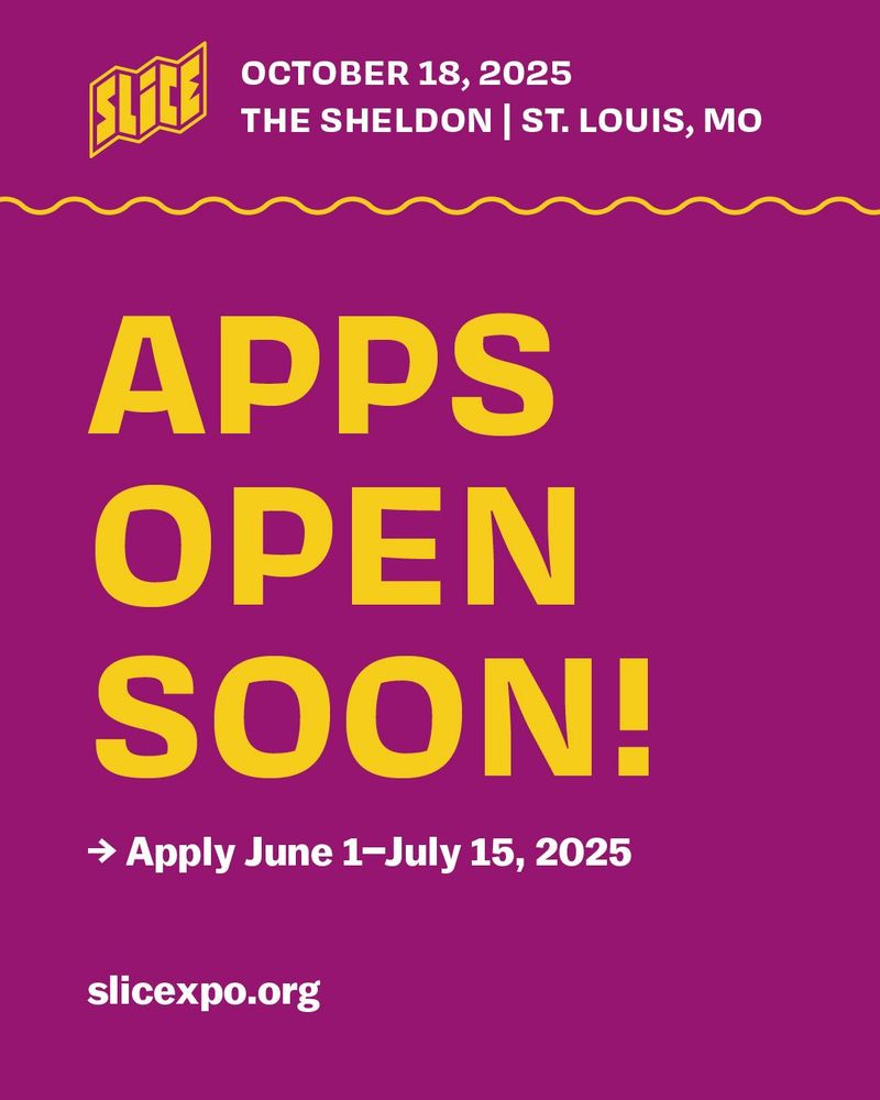 Purple text graphic reading "Apps open soon!" in yellow caps. "Apply June 1–July 15, 2025, slicexpo.org."