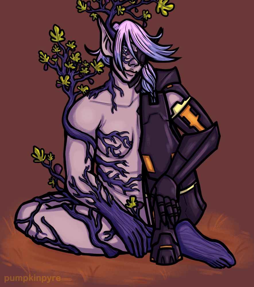 A digital illustration of Aglayenica, the eladrin druid. She has pinkish tan skin, light pink eyes with darker pink sclera, and pink and blue hair worn in a braid. The left side of her body and face is covered in purple  fig branches, while the right side of her body and face are cybernetic. She sits on an orange patch of grass with one knee held to her chest and the other resting against the ground.