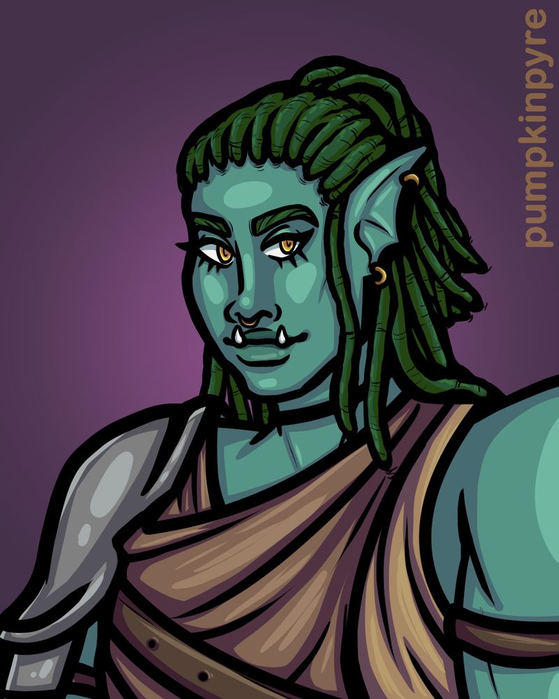 A digital portrait of Froggie, a half-orc water genasi woman. She has light teal skin, long, green locs worn in a half-updo, and golden yellow eyes. She has thick eyebrows, full lips, and two white tusks. Her ears are finlike, and have two gold earrings in them. She also has a gold septum ring. She wears a tan and brown top, a brown leather harness, a black choker, and one silver pauldron on her left arm. She is smiling calmly as she looks to the right of the canvas. She is posed against a purple background with a pink radial gradient.