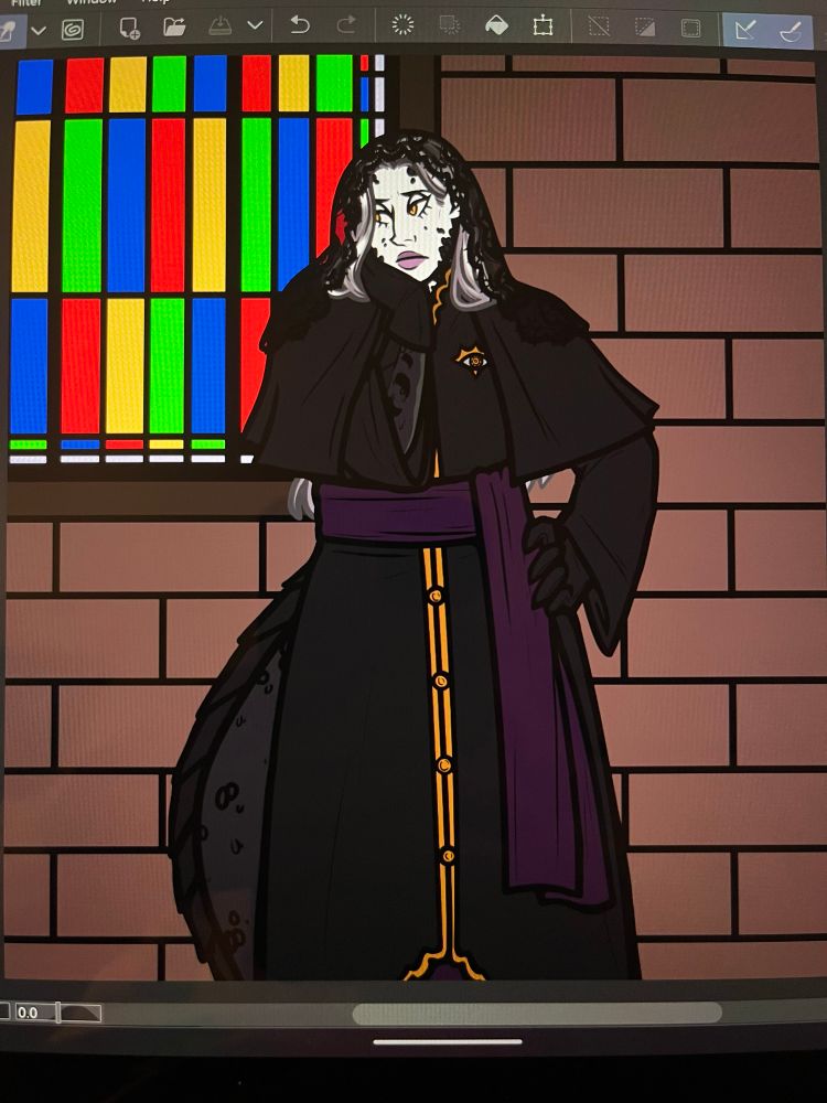 An unfinished digital drawing of Ring, the draconic sorcerer aasimar, as a cleric. They have white skin dotted with black scales, silver hair, and golden eyes. They’re clad in black robes embellished with gold, along with a purple sash and underskirt. They wear black leather gloves over their dragonlike hands, and a gold and silver holy symbol depicting an eye pinned to their left breast. They have one hand on their hip, and the other is on the side of their face. They seem to be deep in thought. Their black, scaled tail curves out from behind them. Ring stands against a brown bricked wall, and there is a red, blue, yellow, and green stained-glass window to the right of the image.