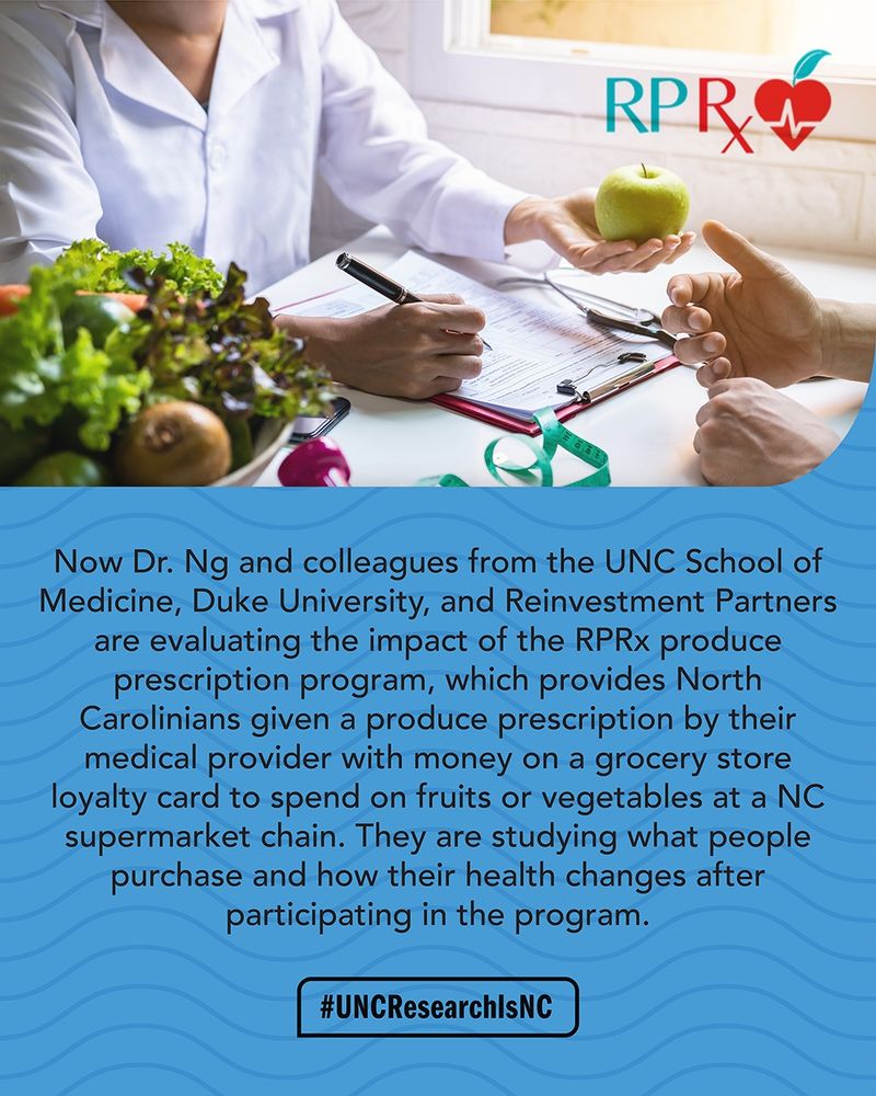 Photo of a doctor writing notes in one hand and holding an apple in the other. Patients hands can be viewed, suggesting a conversation taking place. Below a text caption reads: "Now Dr. Ng and colleagues from the UNC School of Medicine, Duke University, and Reinvestment Partners are evaluating the impact of the RPRx produce prescription program, which provides North Carolinians given a produce prescription by their medical provider with money on a grocery store loyalty card to spend on fruits or vegetables at a NC supermarket chain. They are studying what people purchase and how their health changes after participating in the program." At the bottom is text reading, "#UNCResearchisNC"