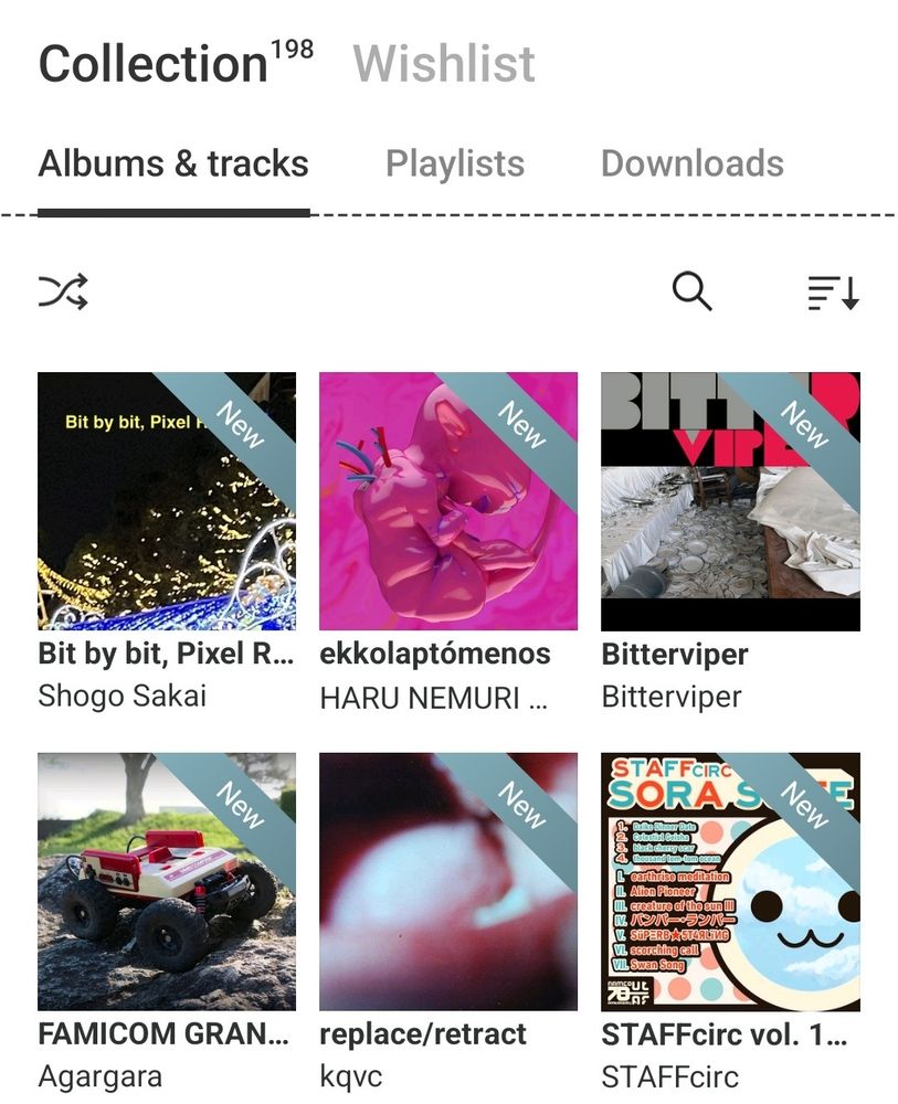 screenshot of the bandcamp app showing albums I purchased today:
- Shogo Sakai - Bit by bit, Pixel Rain
- Haru Nemuri - ekkolaptómenos
- Bitterviper - Bitterviper
- Agargara - FAMICOM GRANDPRIX
- kqvc - replace/retract
- STAFFcirc - STAFFcirc vol. 11 - SORA SUITE